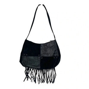 Candies small black suede and leather bag with fringe‎